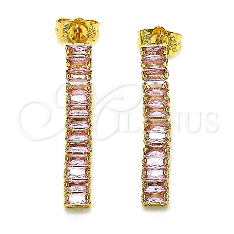 Arete Largo 02.403.0001.2 Oro Laminado, Diseño de Baguette, con Rosado Zirconia Cubica, Pulido, Tono Dorado
