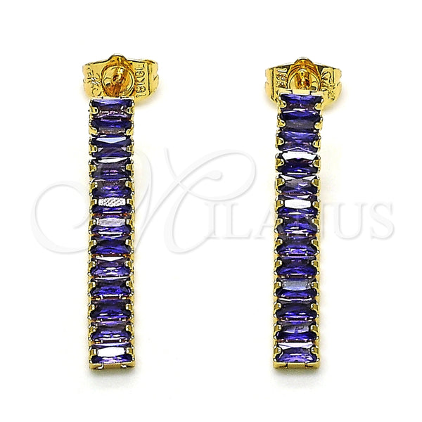Arete Largo 02.403.0001.4 Oro Laminado, Diseño de Baguette, con Amatista Zirconia Cubica, Pulido, Tono Dorado