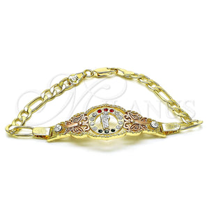 Pulsera Elegante 03.253.0075.07 Oro Laminado, Diseño de San Judas y Figaro, con Granate and Verde Cristal, Pulido, Tres Tonos (05 MM Thickness, 7 Inches Length)