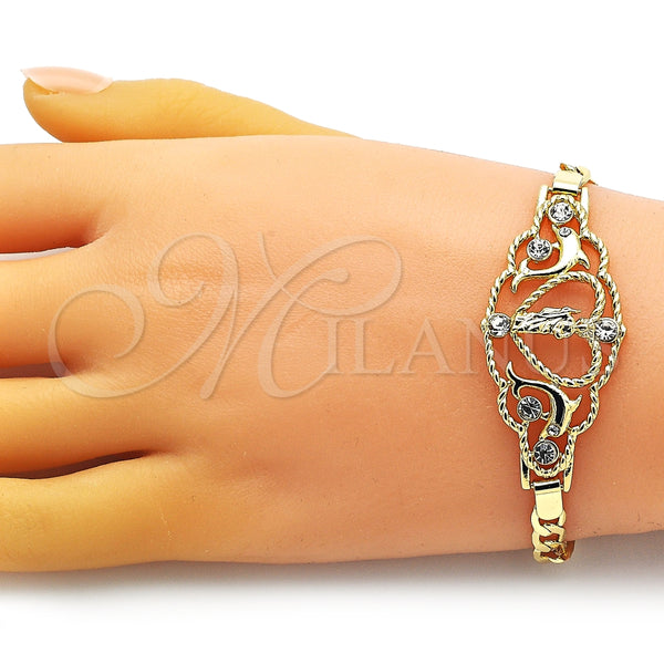 Pulsera Elegante 03.253.0079.07 Oro Laminado, Diseño de San Judas y Figaro, con Blanca Cristal, Pulido, Tono Dorado (05 MM Thickness, 7 Inches Length)