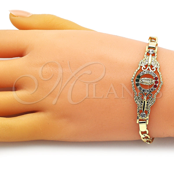 Pulsera Elegante 03.253.0075.1.07 Oro Laminado, Diseño de San Judas y Figaro, con Granate and Blanca Cristal, Pulido, Tono Dorado (05 MM Thickness, 7 Inches Length)