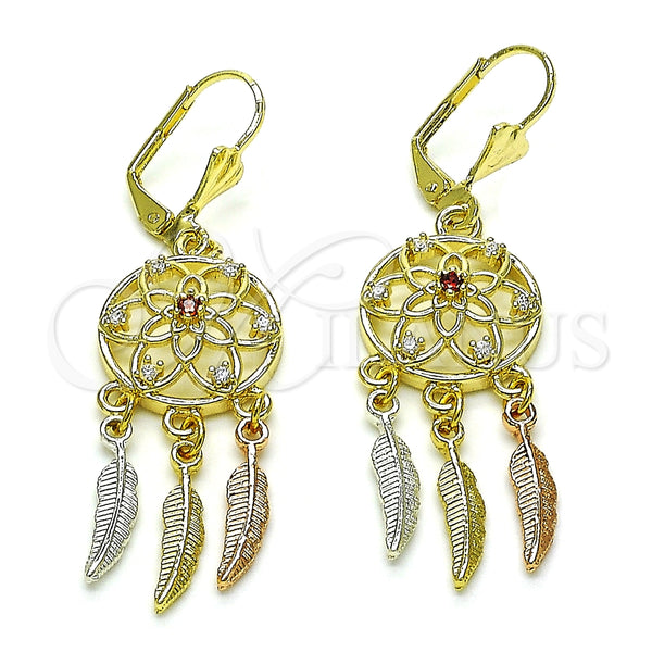 Arete Largo 02.253.0041 Oro Laminado, Diseño de Flor y Oja, con Granate and Blanca Zirconia Cubica, Pulido, Tres Tonos