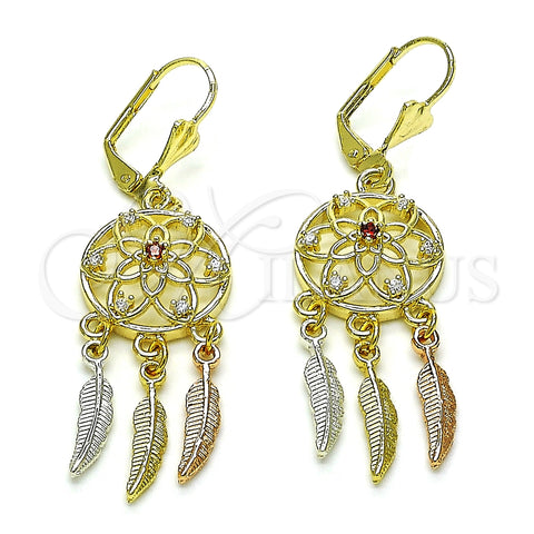 Arete Largo 02.253.0041 Oro Laminado, Diseño de Flor y Oja, con Granate and Blanca Zirconia Cubica, Pulido, Tres Tonos