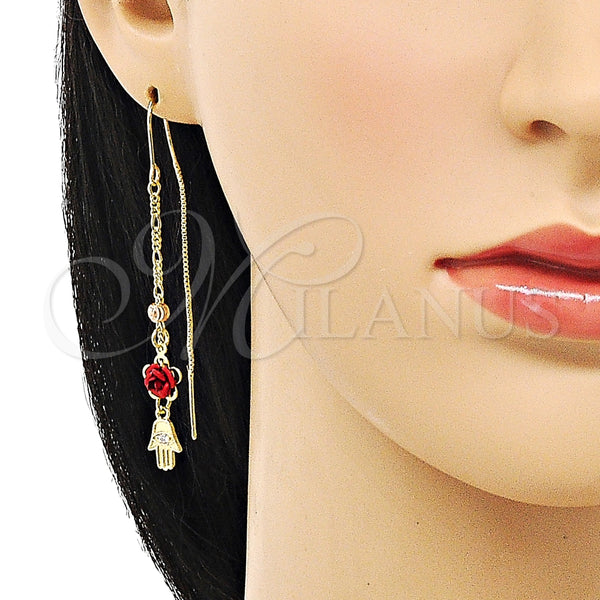 Arete Violador 02.253.0042 Oro Laminado, Diseño de Mano de Dios y Flor, con Blanca Zirconia Cubica, Pulido, Tres Tonos