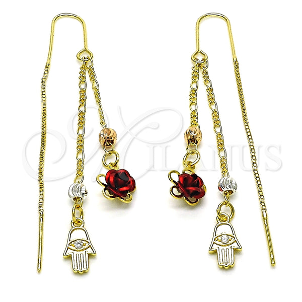 Arete Violador 02.253.0042 Oro Laminado, Diseño de Mano de Dios y Flor, con Blanca Zirconia Cubica, Pulido, Tres Tonos