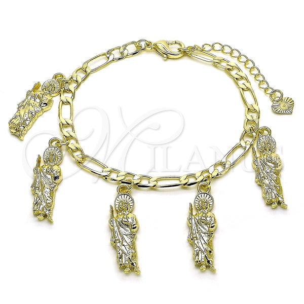 Pulsera de Dije 03.351.0161.07 Oro Laminado, Diseño de San Judas y Figaro, Pulido, Tono Dorado (04 MM Thickness, 7 Inches Length)