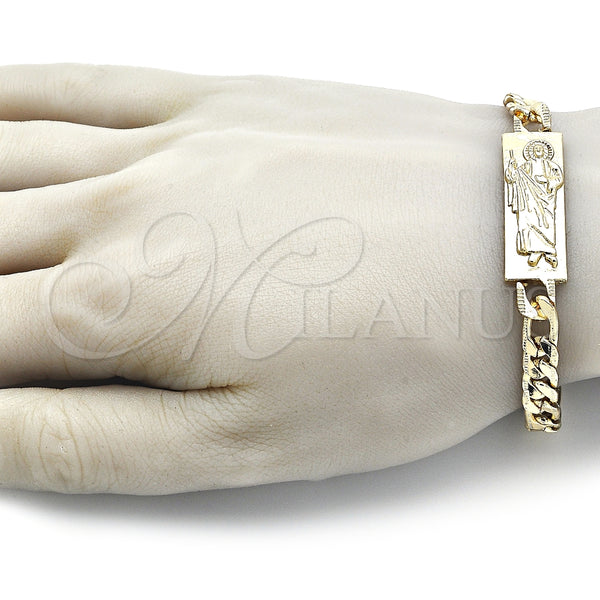 Pulsera Elegante 03.351.0162.08 Oro Laminado, Diseño de San Judas y Pave Figaro, Pulido, Tono Dorado (07 MM Thickness, 8 Inches Length)