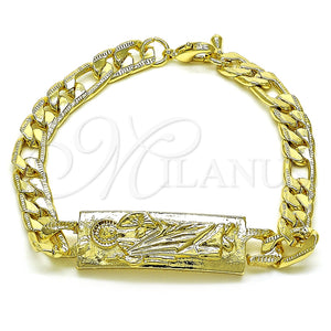 Pulsera Elegante 03.351.0162.08 Oro Laminado, Diseño de San Judas y Pave Figaro, Pulido, Tono Dorado (07 MM Thickness, 8 Inches Length)