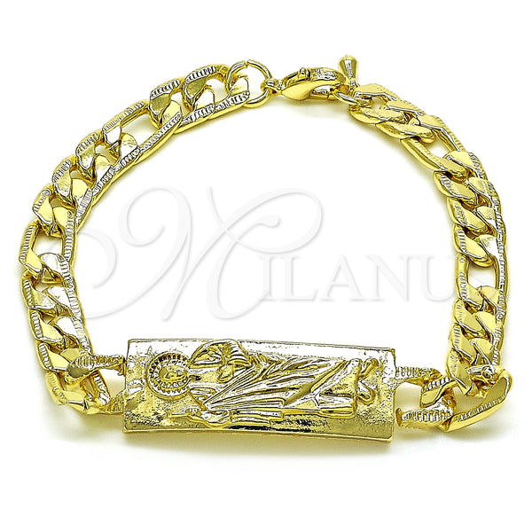 Pulsera Elegante 03.351.0162.08 Oro Laminado, Diseño de San Judas y Pave Figaro, Pulido, Tono Dorado (07 MM Thickness, 8 Inches Length)