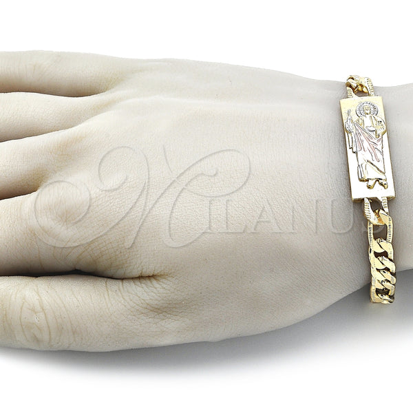 Pulsera Elegante 03.351.0162.2.08 Oro Laminado, Diseño de San Judas y Pave Figaro, Pulido, Tres Tonos (07 MM Thickness, 8 Inches Length)