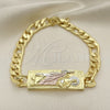 Pulsera Elegante 03.351.0162.2.08 Oro Laminado, Diseño de San Judas y Pave Figaro, Pulido, Tres Tonos (07 MM Thickness, 8 Inches Length)