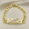 Pulsera Elegante 03.351.0162.2.08 Oro Laminado, Diseño de San Judas y Pave Figaro, Pulido, Tres Tonos (07 MM Thickness, 8 Inches Length)