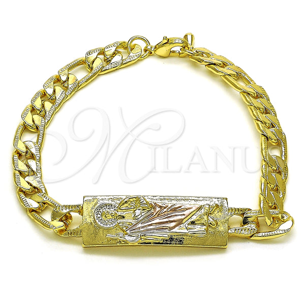 Pulsera Elegante 03.351.0162.2.08 Oro Laminado, Diseño de San Judas y Pave Figaro, Pulido, Tres Tonos (07 MM Thickness, 8 Inches Length)