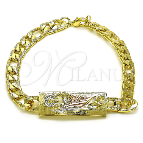 Pulsera Elegante 03.351.0162.2.08 Oro Laminado, Diseño de San Judas y Pave Figaro, Pulido, Tres Tonos (07 MM Thickness, 8 Inches Length)