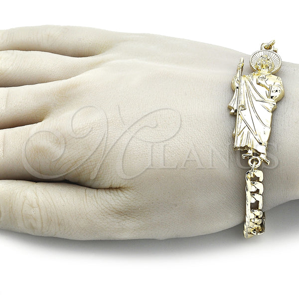 Pulsera Elegante 03.351.0163.08 Oro Laminado, Diseño de San Judas y Pave Figaro, Pulido, Tono Dorado (07 MM Thickness, 8 Inches Length)