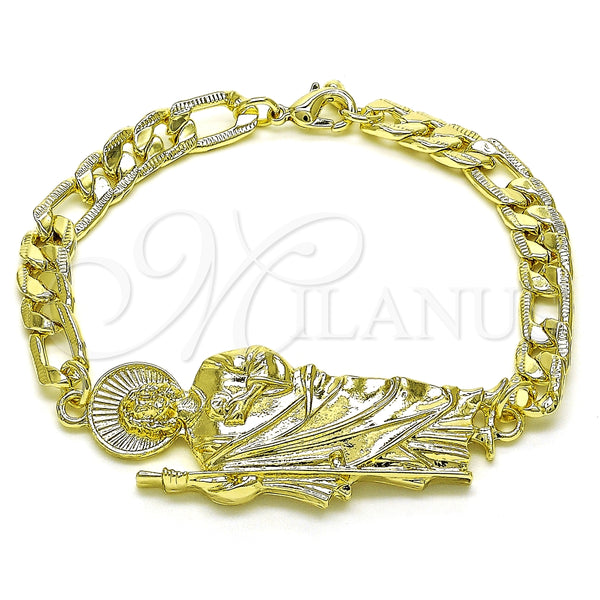 Pulsera Elegante 03.351.0163.08 Oro Laminado, Diseño de San Judas y Pave Figaro, Pulido, Tono Dorado (07 MM Thickness, 8 Inches Length)