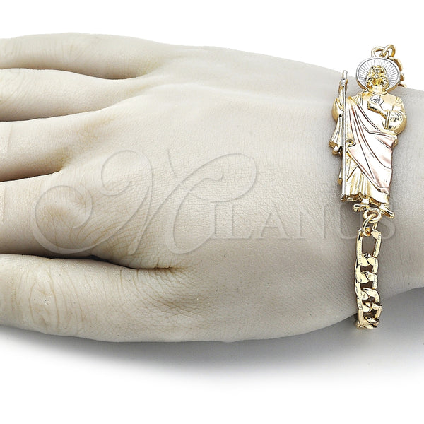 Pulsera Elegante 03.351.0163.2.08 Oro Laminado, Diseño de San Judas y Pave Figaro, Pulido, Tres Tonos (07 MM Thickness, 8 Inches Length)