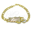 Pulsera Elegante 03.351.0163.2.08 Oro Laminado, Diseño de San Judas y Pave Figaro, Pulido, Tres Tonos (07 MM Thickness, 8 Inches Length)