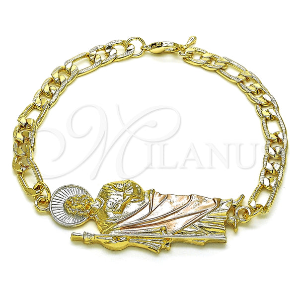 Pulsera Elegante 03.351.0163.2.08 Oro Laminado, Diseño de San Judas y Pave Figaro, Pulido, Tres Tonos (07 MM Thickness, 8 Inches Length)