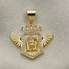 Dije Religioso 05.342.0149 Oro Laminado, Diseño de Jesus y Alas, con Blanca Micro Pave and Rubi Zirconia Cubica, Pulido, Tono Dorado