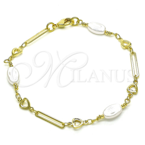 Pulsera Elegante 03.386.0021.08 Oro Laminado, Diseño de Corazon y Nudo, Diseño de Corazon, con Perla Marfil, Pulido, Dorado