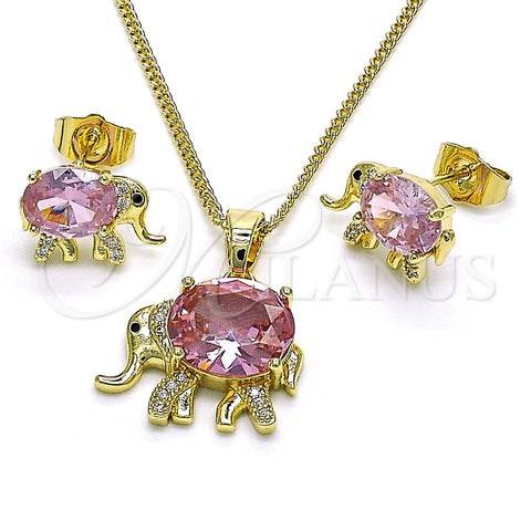 Juego de Arete y Dije de Adulto 10.210.0125.4 Oro Laminado, Diseño de Elefante, con Rosado Zirconia Cubica and Blanca Micro Pave, Pulido, Tono Dorado