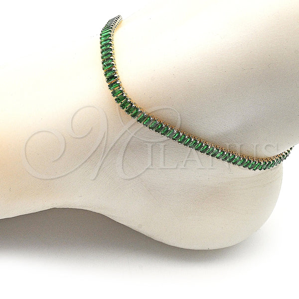 Tobillera Elegante 03.130.0008.7.10 Oro Laminado, Diseño de Baguette, con Verde Zirconia Cubica, Pulido, Tono Dorado (05 MM Thickness, 10 Inches Length)