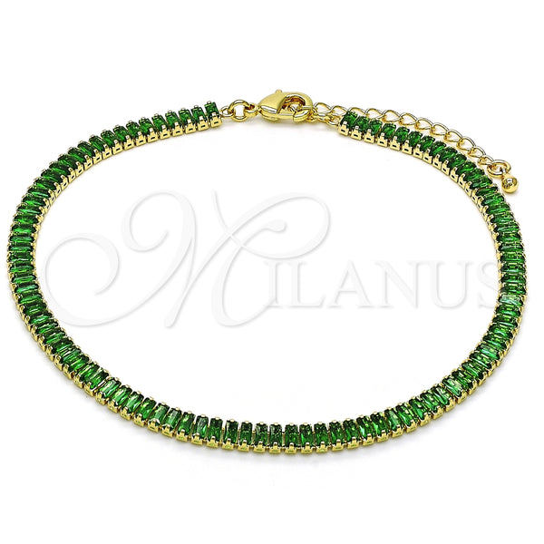Tobillera Elegante 03.130.0008.7.10 Oro Laminado, Diseño de Baguette, con Verde Zirconia Cubica, Pulido, Tono Dorado (05 MM Thickness, 10 Inches Length)