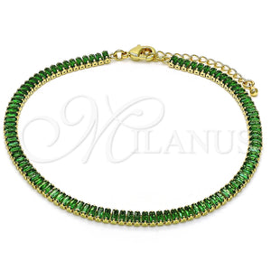 Tobillera Elegante 03.130.0008.7.10 Oro Laminado, Diseño de Baguette, con Verde Zirconia Cubica, Pulido, Tono Dorado (05 MM Thickness, 10 Inches Length)