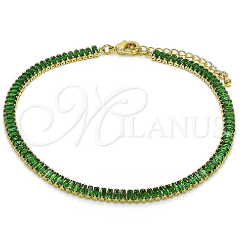 Tobillera Elegante 03.130.0008.7.10 Oro Laminado, Diseño de Baguette, con Verde Zirconia Cubica, Pulido, Tono Dorado (05 MM Thickness, 10 Inches Length)