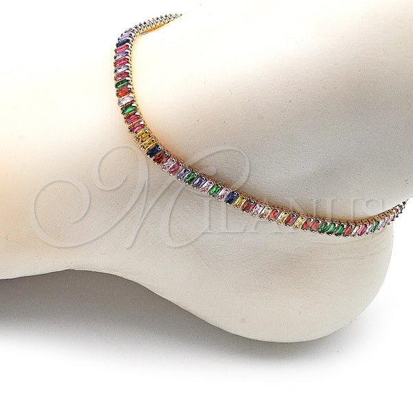 Tobillera Elegante 03.130.0008.4.10 Oro Laminado, Diseño de Baguette, con Multicolor Zirconia Cubica, Pulido, Tono Dorado (05 MM Thickness, 10 Inches Length)