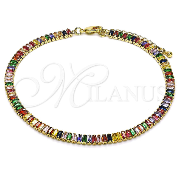 Tobillera Elegante 03.130.0008.4.10 Oro Laminado, Diseño de Baguette, con Multicolor Zirconia Cubica, Pulido, Tono Dorado (05 MM Thickness, 10 Inches Length)