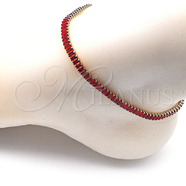 Tobillera Elegante 03.130.0008.1.10 Oro Laminado, Diseño de Baguette, con Granate Zirconia Cubica, Pulido, Tono Dorado (05 MM Thickness, 10 Inches Length)