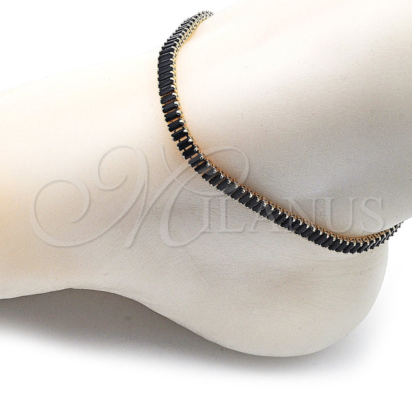 Tobillera Elegante 03.130.0008.2.10 Oro Laminado, Diseño de Baguette, con Negro Zirconia Cubica, Pulido, Tono Dorado (05 MM Thickness, 10 Inches Length)