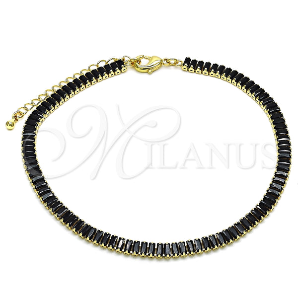 Tobillera Elegante 03.130.0008.2.10 Oro Laminado, Diseño de Baguette, con Negro Zirconia Cubica, Pulido, Tono Dorado (05 MM Thickness, 10 Inches Length)