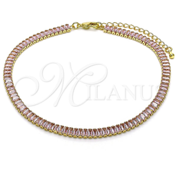 Tobillera Elegante 03.130.0008.3.10 Oro Laminado, Diseño de Baguette, con Rosado Zirconia Cubica, Pulido, Tono Dorado (05 MM Thickness, 10 Inches Length)