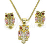Juego de Arete y Dije de Adulto 10.210.0123.4 Oro Laminado, Diseño de Búho, con Zirconia Cubica Rosado y Granate, Pulido, Tono Dorado