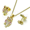 Juego de Arete y Dije de Adulto 10.210.0123.4 Oro Laminado, Diseño de Búho, con Zirconia Cubica Rosado y Granate, Pulido, Tono Dorado