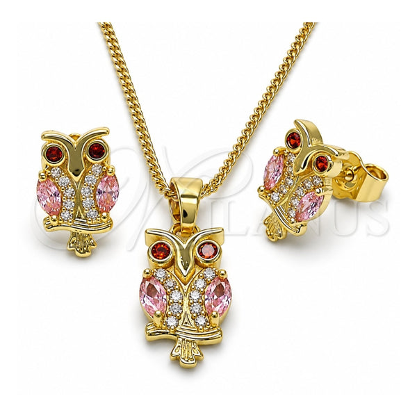 Juego de Arete y Dije de Adulto 10.210.0123.4 Oro Laminado, Diseño de Búho, con Zirconia Cubica Rosado y Granate, Pulido, Tono Dorado