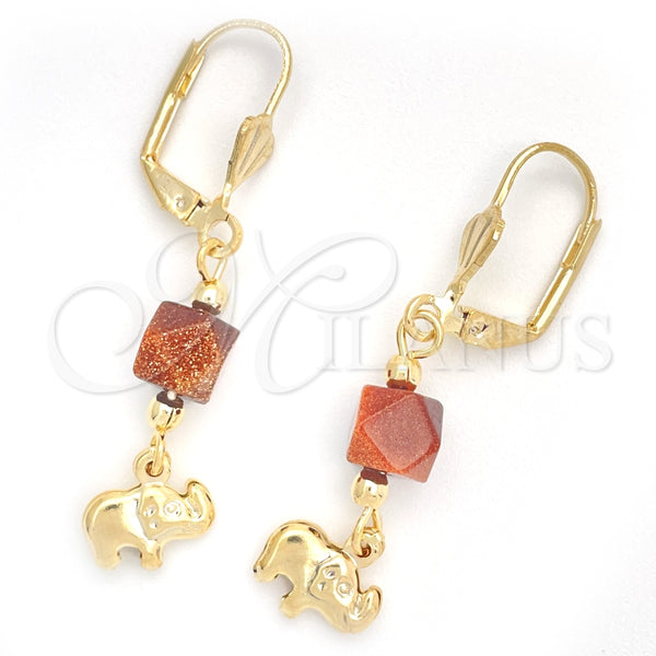 Arete Colgante 02.02.0497 Oro Laminado, Diseño de Elefante y Bola, con Onix Negro Goldstone Venturina, Pulido, Tono Dorado