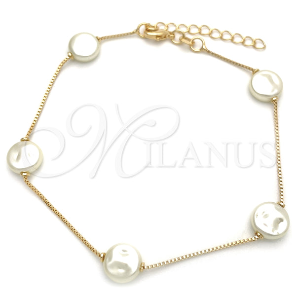 Pulsera Elegante 03.02.0087.07 Oro Laminado, Diseño de Box, con Marfil Perla, Pulido Blanco, Tono Dorado (01 MM Thickness, 7 Inches Length)