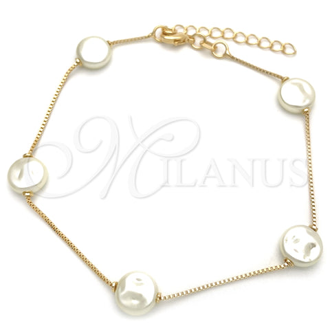 Pulsera Elegante 03.02.0087.07 Oro Laminado, Diseño de Box, con Marfil Perla, Pulido Blanco, Tono Dorado (01 MM Thickness, 7 Inches Length)