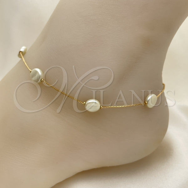 Tobillera Básica 03.02.0087.10 Oro Laminado, Diseño de Box, con Marfil Perla, Pulido Blanco, Tono Dorado (01 MM Thickness, 10 Inches Length)