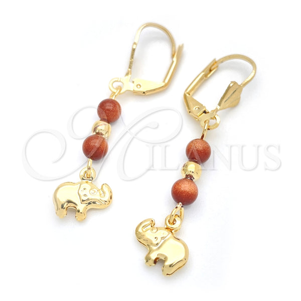 Arete Colgante 02.02.0499 Oro Laminado, Diseño de Elefante y Bola, con Onix Negro Goldstone Venturina, Pulido, Tono Dorado