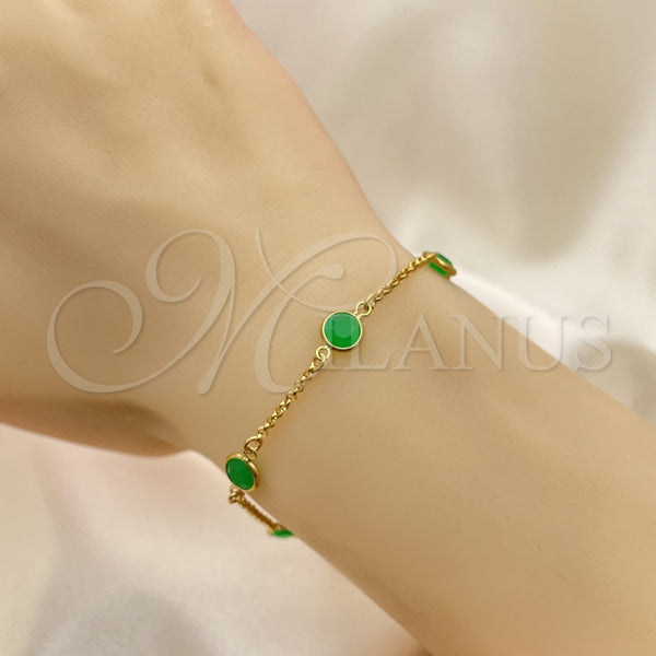 Pulsera Básica 03.02.0090.07 Oro Laminado, Diseño de Paperclip, con Verde Cristal, Pulido, Tono Dorado (01 MM Thickness, 7 Inches Length)
