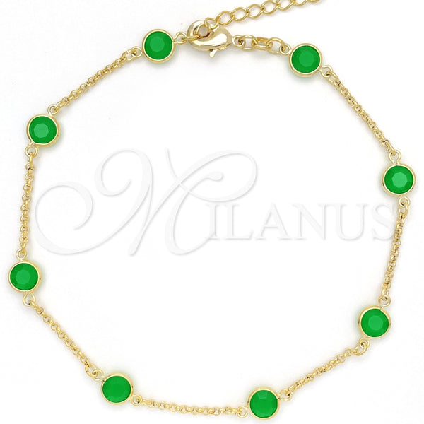 Tobillera Básica 03.02.0090.10 Oro Laminado, Diseño de Paperclip, con Verde Cristal, Pulido, Tono Dorado (01 MM Thickness, 10 Inches Length)
