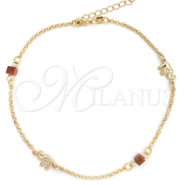 Tobillera Básica 03.02.0092.10 Oro Laminado, Diseño de Elefante y Rolo, con Onix Negro Goldstone Venturina, Pulido, Tono Dorado (01 MM Thickness, 10 Inches Length)