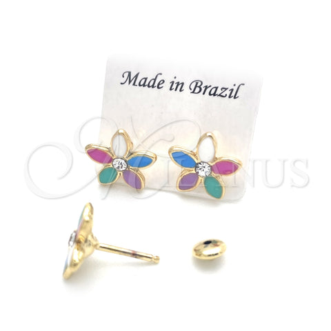 Arete Dormilona 02.02.0504 Oro Laminado, Diseño de Flor, Esmaltado Multicolor, Tono Dorado