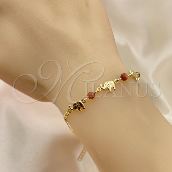 Pulsera Básica 03.02.0094.07 Oro Laminado, Diseño de Cubana y Elefante, con Onix Negro Goldstone Venturina, Pulido, Tono Dorado (01 MM Thickness, 7 Inches Length)