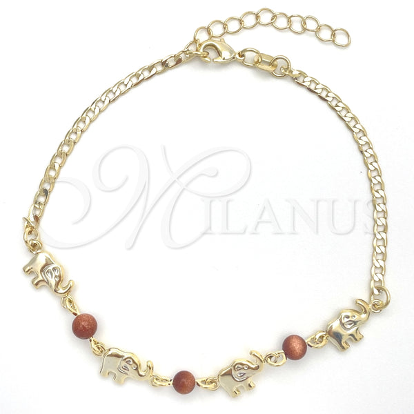 Tobillera Básica 03.02.0094.10 Oro Laminado, Diseño de Elefante y Cubana, con Onix Negro Goldstone Venturina, Pulido, Tono Dorado (01 MM Thickness, 10 Inches Length)